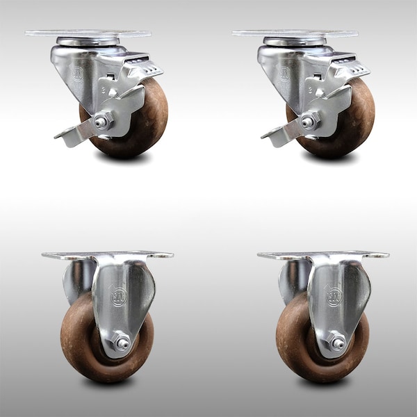 3 Inch SS High Temp Glass Filled Nylon Top Plate Caster Set with 2 Brake 2 Rigid